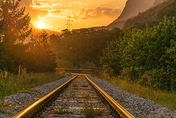 train railway, trees, golden sunset, railway tracks, lush greenery, mountains, scenic landscape, nature photography, outdoor scenery, travel photography, sunset landscape