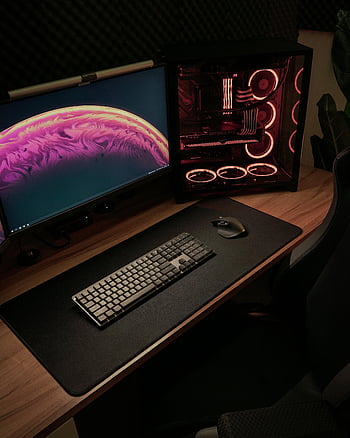 black computer monitor, keyboard, gaming PC, large monitor, clean desk, modern computer setup, sleek gaming PC, computer setup, desk setup, gaming setup, computer desk