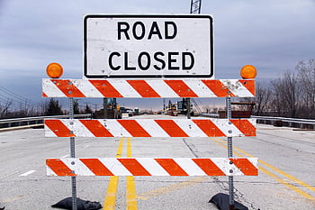 road closed sign, barricade, caution sign, suburban highway, road construction, traffic warning, road closure, highway sign, road maintenance, traffic barrier, road work