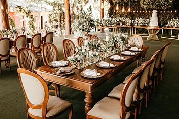 místo konání svatby, nastavení tabulky, bílé květy, Elegantní nastavení tabulky, květinová aranžmá, židle, Krásně zdobené, svatební hostina, venkovní svatba, rustikální svatba, svatební výzdoba