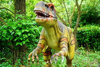 T rex, socha dinosaura, Realistický dinosaurus, klidný les, svěží zeleň, stromy, venkovní socha, Prehistorické stvoření, Výstava přírody, umění divoké zvěře, lesní displej