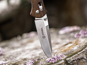 Ganzo knife, wood stump, close-up image, sharpness, steel texture, embedded in wood, outdoor knife, survival tool, pocket knife, knife blade, knife handle