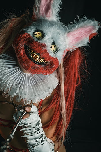 scary bunny mask, Halloween costume, ruffled collar, gloves, creepy bunny, horror mask, spooky costume, bunny horror, scary costume, Halloween bunny, creepy bunny mask