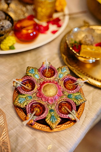 Diwali decoration, high angle view, vibrant diya arrangement, Indian culture, traditions, festive lights, colorful diya, Diwali celebration, cultural festival, traditional decor, Indian festival