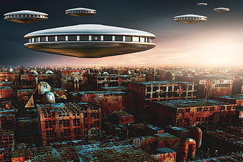 ufos, spaceships, sci-fi, science Fiction, extraterrestrial, fantasy, surreal, cityscape, destruction, alien, invaders