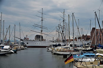 stralsund, marina, sailboats, hanseatic City, port, three-masted Boats, windjammer, gorch Fock, sail Training Ship, west Pomeranian, germany