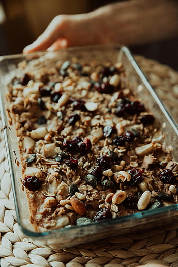 granola, pekáčku, Domácí granola bar, skleněný podnos, smíšené ořechy, sušené ovoce, detail, domácí vaření, zdravá svačina, Možnost snídaně, fotografování potravin