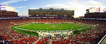 nfl stadyumu, Levi's Stadyumu, Santa Clara, Paketlenmiş futbol oyunu, panoramik çekim, gün batımı, Kalabalık İzlemek, gündüz oyunu, Spor alanı, Futbol sahası, stadyum alanı