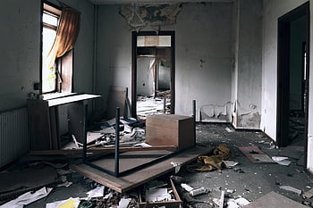 devastated house interior, destroyed room, debris, overturned furniture, neglect, abandoned house, ruined interior, damage, destruction, interior destruction, abandoned furniture
