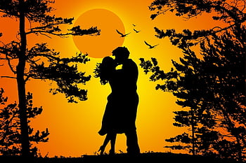 couple, nature, silhouette, love, romantic, romance, happy, relationship, sunset, together, kisses