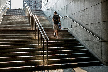 zábradlí, muž, osoba, schody, městský, venkovní, beton, výstup, skateboard, panoráma města, architektura