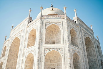 Taj Mahal, Agra, India, stunning architecture, close-up, sunny day, majestic view, white marble, historical monument, domes, minarets