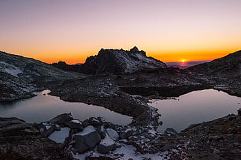 západ slunce, hora, rybník, vrchol, summitu, jezero, voda, slunce, slunečního světla, svítání, soumrak