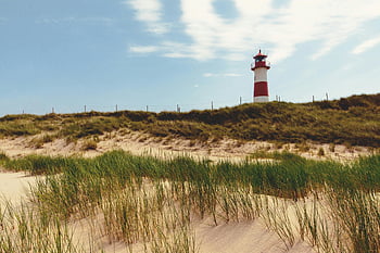 Bílý a červená maják, červený a bílý maják, Sandy Dunes, tráva, modrá obloha, sylt, Německo, pohled, maják, duny, pláž