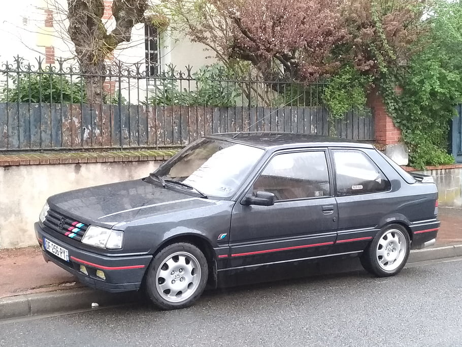 Peugeot, 309, GTI, 1991, car, black, parked, street, Nevers, France, vintage