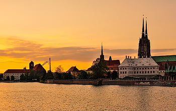 Wroclaw, tumski Spears, Óváros, Lengyelország, kanyaró, folyó, város, ég, a nap, építészet, a katedrális