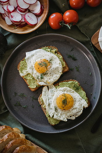 sunny side up eggs, avocado toast, rosemary, fresh radishes, tomatoes, breakfast, healthy meal, egg yolks, bread slices, vegetarian, brunch