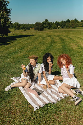 women sitting together, picnic blanket, young women, park picnic, eating snacks, outdoor gathering, friends relaxing, green grass, sunny day, casual outing, striped blanket