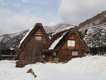 dřevěné domy, shirakawa-go, zasněžené, Gassho-zukuri, unesco dědictví, Japonsko, zimní, tradiční architektura, horské vesnice, kulturní památka, venkovské krajiny