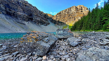 hory, jezero, Příroda, národní park banff, skály, stromy, les, kameny, letní, scenérie, alberta