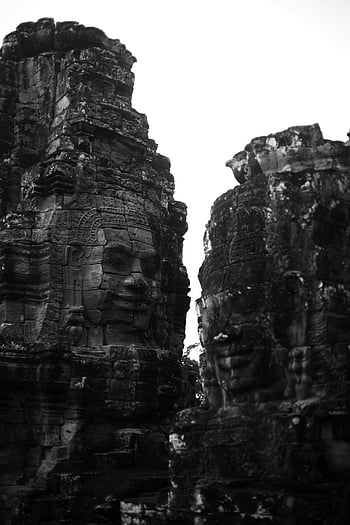 chrámu bayon, vyřezávané kamenné tváře, Skalnaté útesy, Monochromatický pohled, historické místo, angkor, Kambodža, dechberoucí výhled, starověké architektury, kamenné řezby, zříceniny chrámu