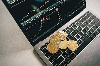 bitcoin coins, laptop keyboard, trading chart, golden coins, cryptocurrency, financial trading, digital currency, laptop screen, investment, technology, finance
