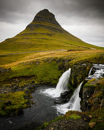 Kirkjufell mountain, Iceland, cascading waterfall, natural beauty, daytime photo, scenic landscape, outdoor photography, travel destination, nature photography, mountain view, water feature