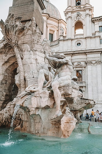 Fountain of the Four Rivers, Rome, baroque architecture, statue, water fountain, majestic, Italy, historical landmark, sculpture, Piazza Navona, Bernini