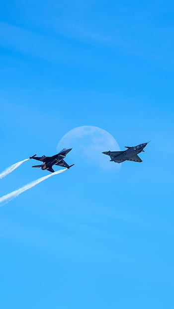 military fighters, aircraft, clear blue sky, fighter jets, dynamic shot, moon, flying, military jets, aviation, air force, day flight