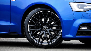 blue Audi, car rim, tire, detailed close-up, design, style, black vehicle wheel, car wheel, Audi car, tire design, rim design