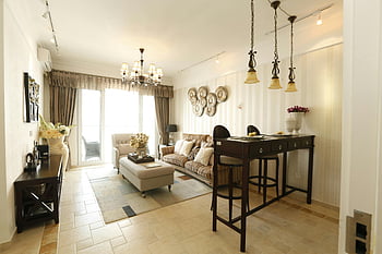 hnědý dřevěný stůl, Současný obývací pokoj, moderní nábytek, elegantní osvětlení, design obývacího pokoje, Vzhled interiéru, domovní dekorace, jídelna, Stylový obytný prostor, útulný obývací pokoj, moderní dekor