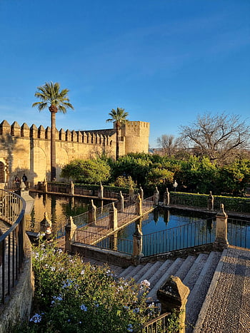 alcazar de los reyes cristianos, cordoba, Španělsko, jasně modrá obloha, rybník, hrad, Křesťanští monarchové, historické místo, palmy, zahrada