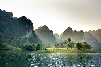 rocky cliffs, lake, sunset, Tuyen Quang, Vietnam, sunlit mountains, tranquil lake, scenic landscape, peaceful scene, natural beauty, mountain view
