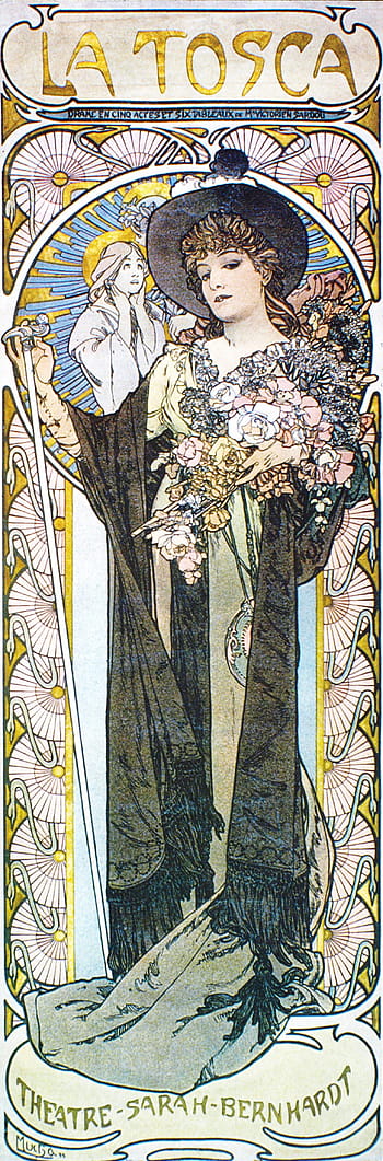 Alphonse Mucha, Art Nouveau, La Tosca, 1899, high resolution, theater, Sarah Bernhardt, flowers, vintage poster, illustration, drama
