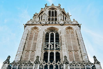 architettura gotica, torre del dom, chiesa medievale, Utrecht Paesi Bassi, Inquadratura dal basso, cielo sereno, facciata della chiesa, struttura della torre, stile gotico, Punto di riferimento europeo, edificio storico