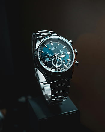 Chronograph Watch, Luxusní náramkové hodinky, Podrobný číselník, Kovový náramek, detailní záběr, Curren Watch, špičkové hodinky, elegantní hodinky, Přesné hodinky, stylové hodinky, sledovat fotografie