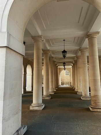 ceiling lamps, columns, classic stone columns, covered passageway, Greater London, United Kingdom, elegant architecture, arches, interior design, historical building, hanging lights