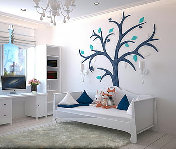 La stanza dei bambini, design moderno, arte della parete dell'albero, giocattoli di peluche, camera da letto bianca, stanza elegante, arredamento contemporaneo, spazio accogliente, impostazione interna, interno di casa, Arredamento morbido