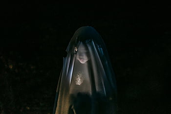 Kind, Taschenlampe, Gesicht, Decke, Geisterkostüm, Halloween, Angst, Geheimnis, Nacht-, beleuchtet, gruslig