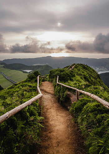 mountain ridge, hiking trail, Azores, sunrise, breathtaking view, outdoor adventure, nature path, scenic landscape, travel destination, mountain hiking, sunrise hike