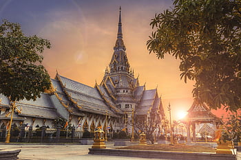 Wat Sothonwararam Temple, sunset, Thailand, beautiful architecture, gray pointed structure, concrete structure, scenic view, temple architecture, sunset photography, Thai temple, religious architecture