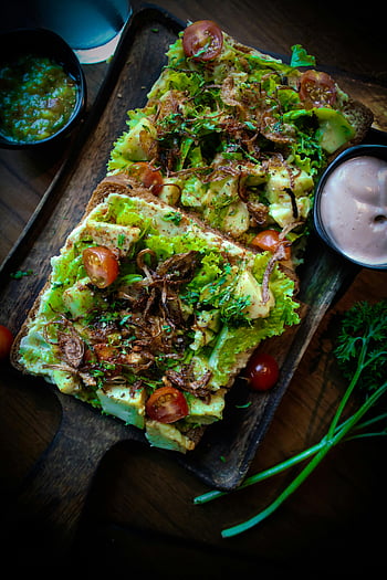 vegetable sandwich, open sandwich, avocado, cherry tomatoes, lettuce, wooden board, delicious, healthy food, vegetarian, crispy onions, fresh ingredients
