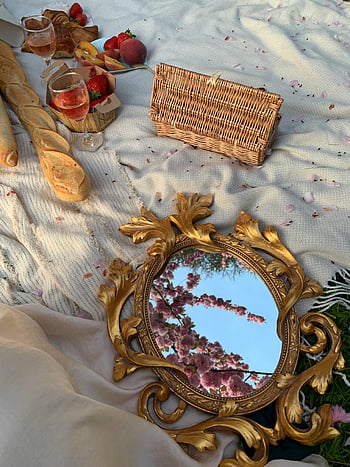 picnic, mirror, baguette, wine, strawberries, cherry blossoms, decorative mirror, charming picnic, outdoor picnic, picnic setup, wicker basket