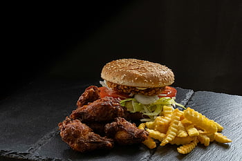 Chicken Burger, Chicken Wings, French Fries, crispy chicken burger, fast food meal, tasty meal, burger, wings, fries, food photography, meal presentation