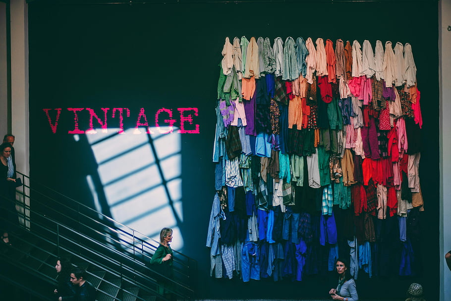 vintage clothes, showroom wall, retail store, vibrant display, assorted vintage, vintage fashion, wall display, clothing store, vintage style, fashion retail, vintage wall