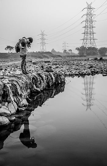 man, pollution, garbage, trash, travel, people, water, reflection, industrial, plastic, black And White
