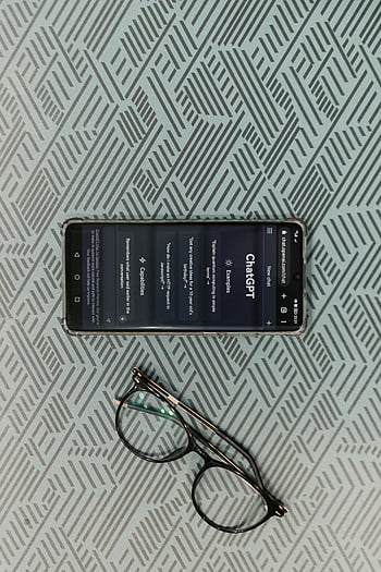 smartphone, ChatGPT, eyeglasses, top view, chat interface, geometric pattern, background, technology, modern device, communication, productivity