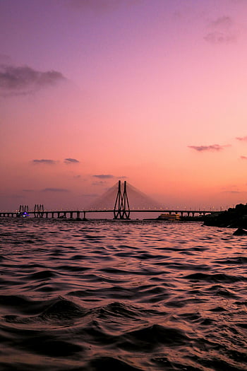 ลิงค์ทะเล bandra-worli, ท้องฟ้าสีชมพู, ทะเลอาหรับ, มุมไบ, พลบค่ำ, มุมมองอันเงียบสงบ, สะพาน, ทะเล, พระอาทิตย์ตกดิน, สีชมพูสดใส, ขอบฟ้า