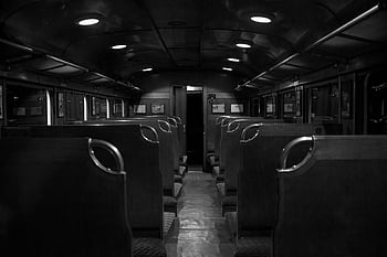 grayscale photography, train car interior, black and white, empty vintage train, wooden seats, train interior, vintage train, black and white photograph, train seats, train cabin, grayscale image