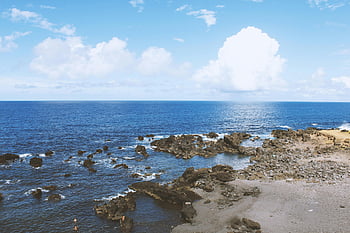 Felsformation, Gewässer, Ponta Delgada, felsige Küste, bewölkter Himmel, Azoren, Portugal, ruhige Sicht, Ozean, Küstenlandschaft, Naturlandschaft